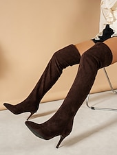 economico Stivali da donna-stivali con tacco alto sopra il ginocchio e punta affilata - stivali alti fino alla coscia in finta pelle scamosciata per donna, disponibili in nero e marrone