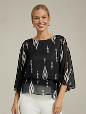 baratos camisas, tops e blusas-Blusa feminina preta floral manga 3/4 solta gola redonda casual elegante férias primavera verão outono