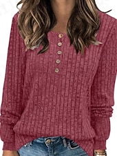 billiga Kvinnors Enfärgade Toppar-Dam Blus Ensfärgat Stylish Ledigt Långärmad Rund hals Vanliga toppar Dagligen Knappar Svart Gul Ljusgrön Rubinrött Blå Vår Höst Vinter