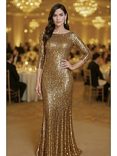 cheap Sheath Evening Dresses-Sheath Column Floor Length Evening Gown Ball Gown Formal Dress Elegant Silky Half Sleeve Boat Neck Wedding Formal Sequined with Glitter Sequin