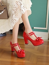 cheap 1950s Retro-Women's 1950s Vintage Patent Faux Leather T-Strap Heels with Bow Detail, Comfortable Chunky Block Heel, Elegant for Parties, Weddings and Special Occasions
