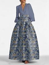 ジャカードブロケード フローラル Aラインイブニングガウン ドレス フォーマルウェディングゲスト フロアレングス 長袖 Vネック ベルト ナイロン スリットポケット お買い得  Aラインのイブニングドレス-ジャカードブロケード フローラル Aラインイブニングガウン ドレス フォーマルウェディングゲスト フロアレングス 長袖 Vネック ベルト ナイロン スリットポケット