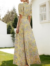 baratos Vestidos de Festa em A-Linha A Longo Vestidos de noite Vestido de Baile Vestido formal Elegante Vintage Manga Curta Colarinho de Camisa Casamento Formal Fibra Sintética com Estampa floral Fenda Bolsos