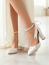 billige Pumps med blokkhæl-dame oransje sateng pumps med blokkhæl og perlemor &amp;bånd ankelstropp - elegante spisse høyhælte sko til bryllup, fester &amp;kveldsarrangementer