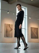 cheap Fashion Boots-Women's Gothic Cutout Knee-High Heels with Spiked Sculptural Wedge - Black Punk Fetish Boots for Halloween, Cosplay and Alternative Fashion Parties