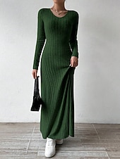 levne Svetrové šaty-Dámské Svetrové šaty Elegantní Na běžné nošení Měkké Čistá barva Rýhovaný Do V Pletený Dlouhý rukáv Běžné topy Plést Venkovní Denní Víkend Černá Trávová zelená Podzim Zima