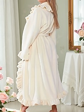 cheap Women's Onesies-Women's Pajamas Robe Flannel Warm Fashion Pure Color Ruffle Pocket Home Daily Bed Long Sleeve Crew Neck Black White Pink Red Purple Fall Winter Regular Fit