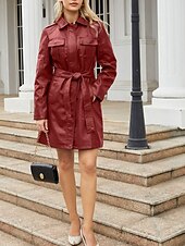 billiga Jackor i konstläder-Dam Imitationsläderjacka Trenchcoat Bekväm Knappar Ledigt Slät Utomhus Semester Helgdag Utekväll Lång Nedvikt Normal Långärmad Ytterkläder Svart Vin Kamel Vår Höst
