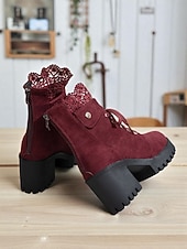 preiswerte Stiefeletten-Braune Damenstiefeletten zum Schnüren mit dickem Absatz und Häkelbesatz, modische Stiefeletten aus Wildlederimitat im Vintage-Stil für lässige Outfits und Outdoor-Events