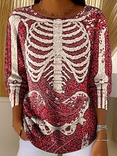 billige Grafiske mønstre og detaljer-Kvinners Genser Søtt Gateklær Løs Grafisk Skjelett Rund U-hals Patchwork Strikket Lang Erm Vanlige Topp Strikk Svart Rød Høst Vinter