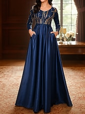 preiswerte Bodenlänge-A-Linie Bodenlang Kleid für Hochzeitsgäste Abendkleid Flattriges Kleid Brautmutterkleid Langarm V Ausschnitt Rundausschnitt Elegant Glanz &amp; Glamour Formell Formeller Abend Hochzeitsfeier Tüll mit