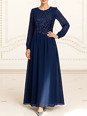 preiswerte Bodenlänge-A-Linie Bodenlang Kleid für Hochzeitsgäste Abendkleid Brautmutterkleid Langarm Rundhalsausschnitt Elegant Vintage Formell Formeller Abend Hochzeitsfeier mit Einfarbig
