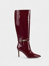 levne Módní boty-Dámské vínové lakované kozačky z imitace kůže se zlatou přezkou, špičatou špičkou a stylovým jehlovým podpatkem, ideální na Vánoce, vánoční večírky a slavnostní příležitosti.