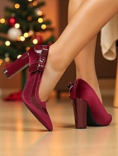 abordables Escarpins à talon bloc-Escarpins à talons hauts en velours bordeaux pour femmes avec accents en cuir verni et détail nœud, élégants et stylés, parfaits pour les fêtes, Noël et les occasions formelles