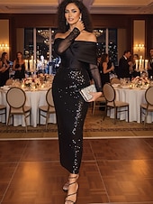 billiga Cocktailklänningar-Sjöjungfru trumpet Telång Cocktailklänningar Festklänningar Elegant Ärmlös Över axeln Trädgårdsfest Bröllop Paljetter med Plisserat