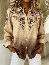 preiswerte Blumenblusen-Damen Hemd Bluse Patchwork Knöpfe Druck Grafik Geometrisch Abstrakt Vintage Stilvoll Modern Langarm Hemdkragen Normale Oberteile Täglich Blau Braun Grün Khaki Herbst Winter