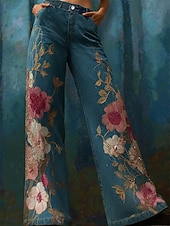 رخيصةأون ساق واسعة وخصر عالي-نسائي ساق عريضه تشينوز العطلة عتيق النمط العرقي مكتمل الطول خصر عالي ورد الرسم جيب طبع مريح ناعم مرن نسبياً الأماكن المفتوحة عطلة شارع أزرق الربيع الخريف الشتاء فضفاض صالح