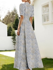 baratos Vestidos de Festa em A-Linha A Longo Vestidos de noite Vestido de Baile Vestido formal Elegante Vintage Manga Curta Colarinho de Camisa Casamento Formal Fibra Sintética com Estampa floral Fenda Bolsos