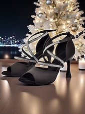 cheap Latin Shoes-Women's Black Satin Rhinestone Strappy Latin Dance Shoes - Open Toe High Heel Sandals for Gatsby Party &amp; Ballroom Dance