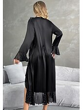 economico Pigiama natalizio-Pigiama da donna di Natale vestito da notte alla moda semplice e dolce colore puro vestito con cordino casa maniche lunghe scollo a V nero primavera autunno inverno fit regolare