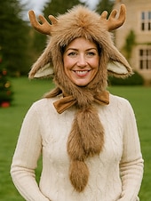 olcso Férfi kalapok-unisex karácsonyi rénszarvas sapka – kényelmes műszőrme sapka agancsokkal és fülvédőkkel – tökéletes ünnepi kiegészítő férfiaknak és nőknek – poliészter anyag