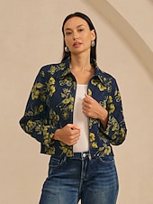  Jeansjacke mit Blumenmuster, lässig, für Urlaub und Alltag, mit Reißverschluss