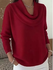 cheap Pullovers &amp; Tops-Women's Sweater Elegant Casual Soft Pure Color Ribbed Cowl Knitted Long Sleeve Regular Tops Knit Daily Outdoor Weekend Red Fall Winter