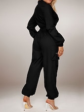 זול סרבל חופשה-בגדי ריקוד נשים סרבלים פעיל צבע אחיד שרוול ארוך מכנסי קרגו צווארון חולצה רוכסן כיס חופשה יומי רגיל שחור משמש אביב