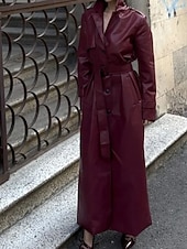 billiga Jackor i konstläder-Dam Imitationsläderjacka Trenchcoat Håller värmen Bekväm Ficka Knappar Mode Slät Formell Utomhus Semester Ledigt Lång Nedvikt Normal Långärmad Ytterkläder Svart Mörkröd Höst Vinter