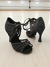 お買い得  ラテンダンスシューズ-女性用ラインストーンパールラテンダンスシューズ、エレガントなメッシュレースアッププロ社交ダンスヒール、パフォーマンス、結婚式用 &amp;競技