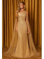 cheap Ball Gown Evening Dresses-Sheath Column Floor Length Beaded Eembroidered Formal Dresses Mother of the Bride Dress Ball Gown with Cape Evening Gown Formal Dress Elegant Vintage Glittering Long Sleeve One Shoulder Wedding Formal