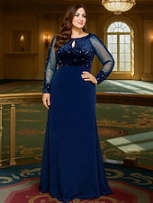 halpa Lattian pituus-A-linja Kokopitkä Muodollinen mekko Iltapuku Pitkähihainen Tiukka pyöreä kaula-aukko Tyylikäs Vintage Plus-koko Polyesteri Morsiammen äidin asu kanssa Paljeteilla