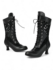 abordables novia-Botas victorianas blancas de media pantorrilla con cordones y tacón grueso para mujer: calzado de novia y fiesta de estilo eduardiano vintage de la década de 1900.