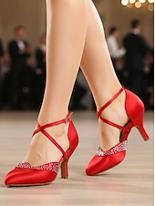 cheap Latin Shoes-Women's Red Satin Ballroom Dance Shoes - Closed Toe Cross Strap High Heel Pumps with Rhinestone Detail for Gatsby Party &amp; Professional Dance Party