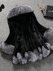 billige Pels &amp; Lær-Dame Fuskepels Hold Varm Bekvem Lapper Lomme Knapper Pelskrage Mote Fargeblokk utendørs Feriereise Ferie Ut på byen Lang Med hette Normal Langermet Yttertøy Svart Hvit Høst Vinter