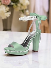 abordables Demoiselle d&amp;#39;honneur-Escarpins à plateforme en satin rose pour femme avec bride cheville en perles et nœud - sandales élégantes à talons hauts pour cocktails et événements formels