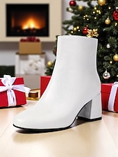 baratos Botas de tornozelo-Botas femininas vermelhas de salto alto com zíper, design elegante de salto grosso, perfeitas para festas de Natal, eventos de feriados e uso diário