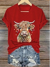 お買い得  動物のTシャツ-女性用Tシャツ グラフィック 動物 牛 ヴィンテージ スタイリッシュ クラシック 半袖 Vネック レギュラー トップス 日常用 プリント ブルー ブラック ホワイト ピンク レッド 夏 春 秋 冬