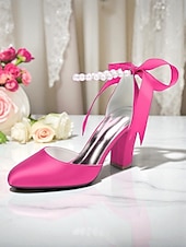 billige Pumps med blokkhæl-dame oransje sateng pumps med blokkhæl og perlemor &amp;bånd ankelstropp - elegante spisse høyhælte sko til bryllup, fester &amp;kveldsarrangementer