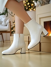 baratos Botas de tornozelo-Botas femininas vermelhas de salto alto com zíper, design elegante de salto grosso, perfeitas para festas de Natal, eventos de feriados e uso diário