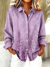 ieftine tricou Art &amp; Design-Pentru femei Cămașă Bluză Grafic Geometric Epocă Tropical Stilat Manșon Lung Guler Cămașă Topuri obișnuite Zilnic Peteci Nasturi Imprimeu Albastru piscină Mov Trifoi Gri Vară Primăvară Toamnă Iarnă