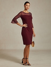  Dam Midiklänning Sheath Dress Elegant Normal Ensfärgat Halvlång ärm Rund hals Vinröd