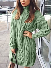 billiga Solida färger-Dam Tröja Tröja klänning Ledigt Mjukt Ren färg Kabel Polokrage Stickat Långärmad Långa toppar Sticka Utomhus Dagligen Helgen Svart Grön Höst Vinter