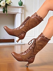 cheap 1920s-Women&#039;s Black Victorian Edwardian Style Knee High Lace-Up Boots with Scalloped Trim and Kitten Heel - 1920s Retro Gothic Dress Boots for Ladies, Perfect for Cosplay, Steampunk &amp; Historical Reenactment