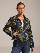  Jeansjacke mit Blumenmuster, lässig, für Urlaub und Alltag, mit Reißverschluss