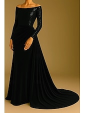 cheap Ball Gown Evening Dresses-A-Line Sweep / Brush Train Evening Gown Ball Gown with Overskirt Formal Dress Elegant Glittering Celebrity Style Long Sleeve Off Shoulder Formal Wedding Sequined Velvet with Pleats Ruched