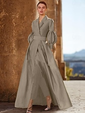 abordables Combinaisons pour maman-Combinaison Ensemble Robe Mère de la Mariée Longueur de Sol Manches Longues V Cou Élégante Invité de Mariage avec Ruching Couleur Unie