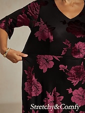  Women's Midi Dress A Line Dress Elegant Birthday Cocktail Wedding Guest Velvet Daily Cocktail Party Regular Fit Floral Half Sleeve V Neck Navy Blue Spring Fall Winter