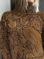baratos Pulôveres e Tops-Mulheres Suéter Casual Macia Floral Gráfico Estampado Cashemere Estriado Gola Alta Floral Tricotado Imprimir Manga Longa Tops regulares Tricotar Ao ar livre Diário Final de semana Castanho Claro