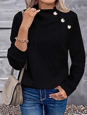 ieftine Hanorace simple-Hanorac elegant pentru femei, la modă, drăguț, culoare uni, guler înalt, nasturi, texturat, mânecă lungă, model obișnuit, topuri tricotate, exterior, acasă, lucru, negru, alb, primăvară, toamnă